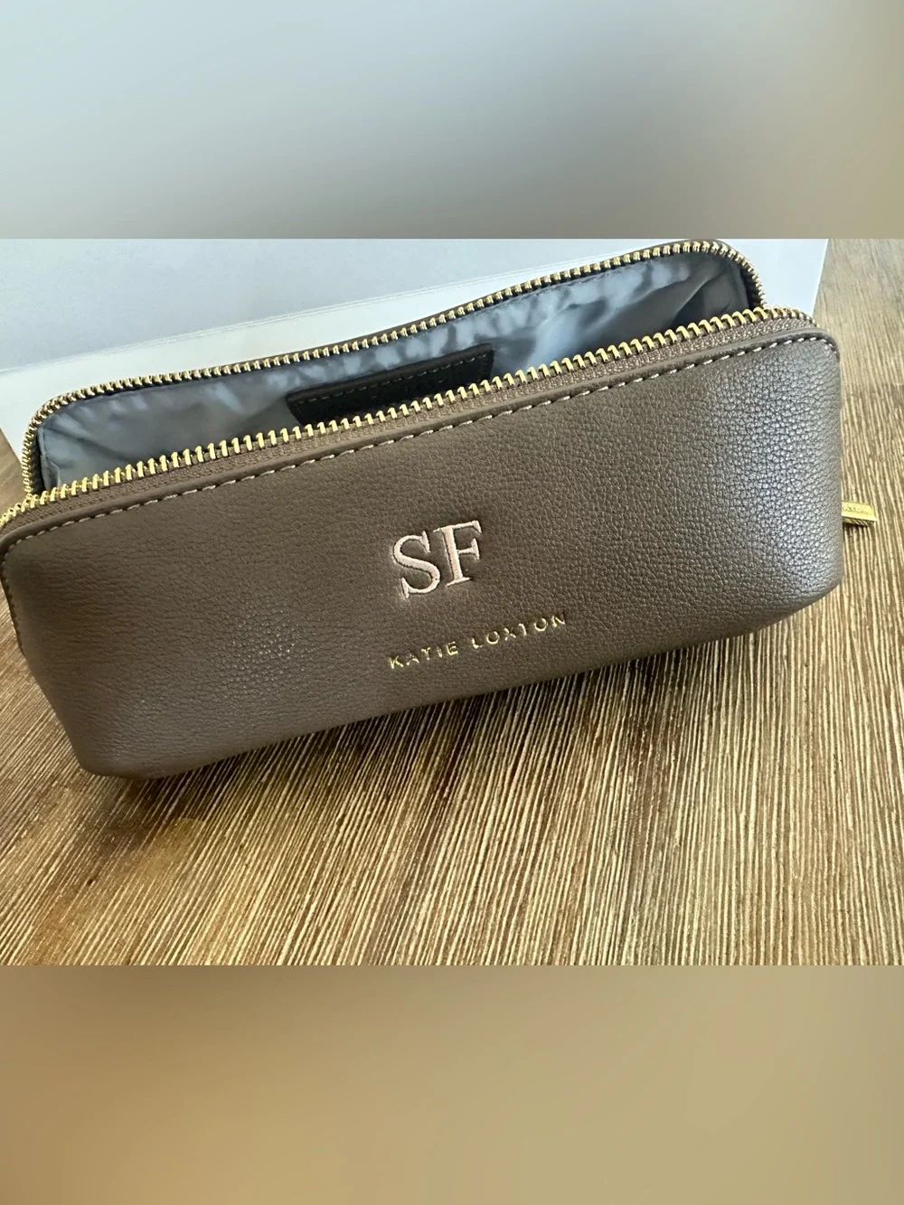 Katie Loxton Brown Monogram Cosmetic Pouch with Gold Zipper